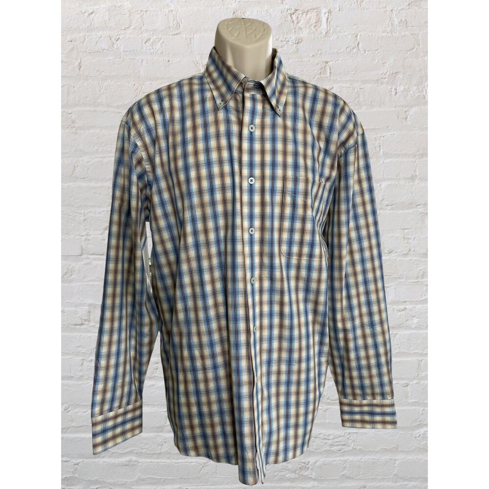 Alan Flusser‎ NWOT 100% Cotton Button Down Large, Tan/Blue
